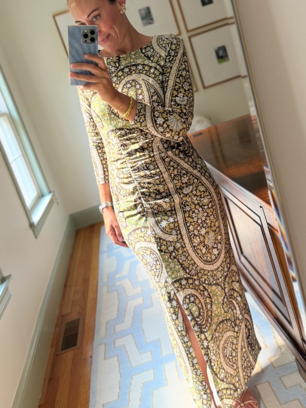 Spartina 449 Yellow and Black Paisley Long Sleeve Bodycon Dress - Picture 2 of 3